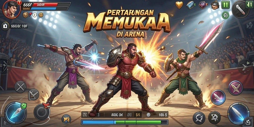 Screenshot dari gameplay 666F menunjukkan pertarungan seru di arena.
