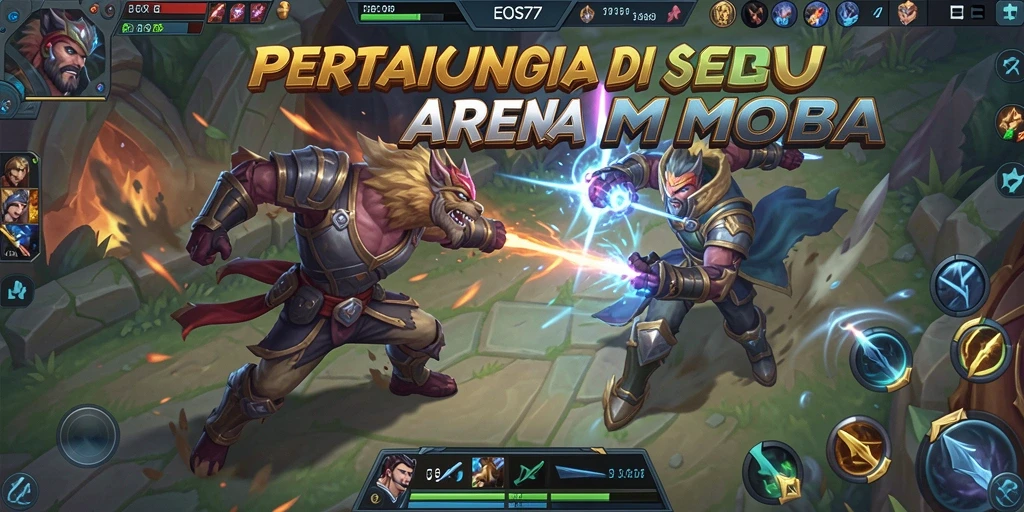 Tangkapan layar gameplay EOS77 dengan aksi seru di arena MOBA.