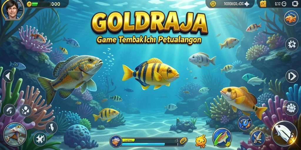 Screenshot gameplay <strong>GOLDRAJA</strong> menampilkan aksi menembak ikan yang seru di lautan.
