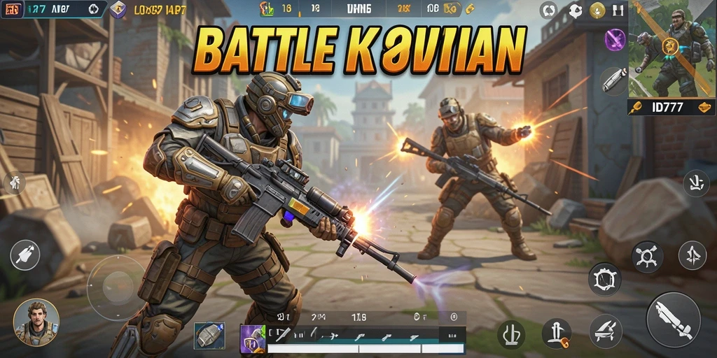 Screenshot utama ID777 menunjukkan aksi pertempuran intens dalam game Battle Royale.