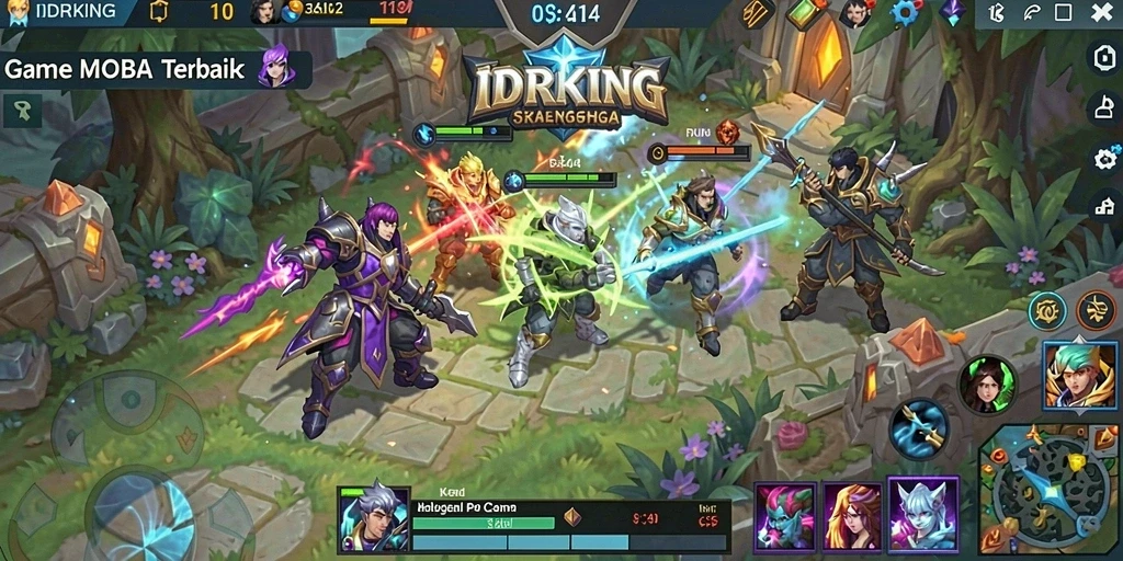 Screenshot IDRKING menampilkan pertempuran seru dan karakter unik dalam gameplay MOBA.