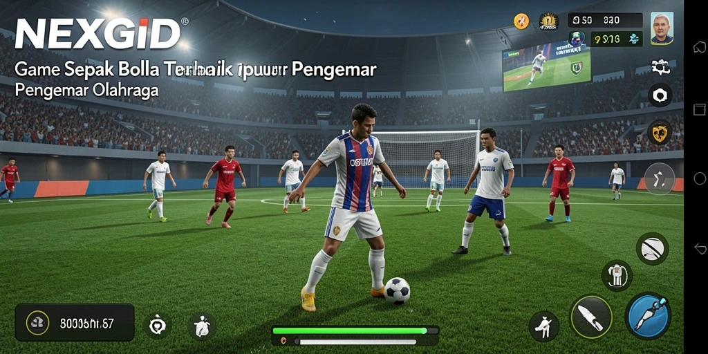 Screenshot utama NEXGID menampilkan aksi seru dalam permainan sepak bola.