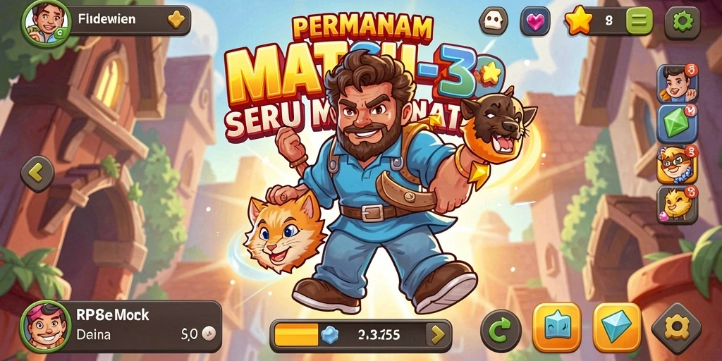 Tampilan gameplay RP8 dengan grafis cerah dan fitur Match-3.