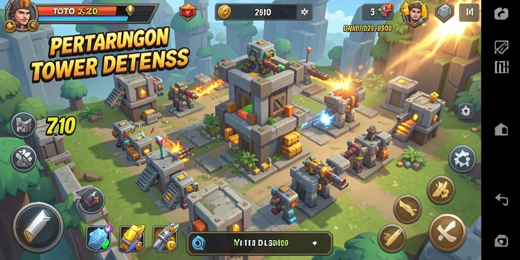 Screenshot TOTO20 memperlihatkan gameplay Tower Defense yang mendebarkan.